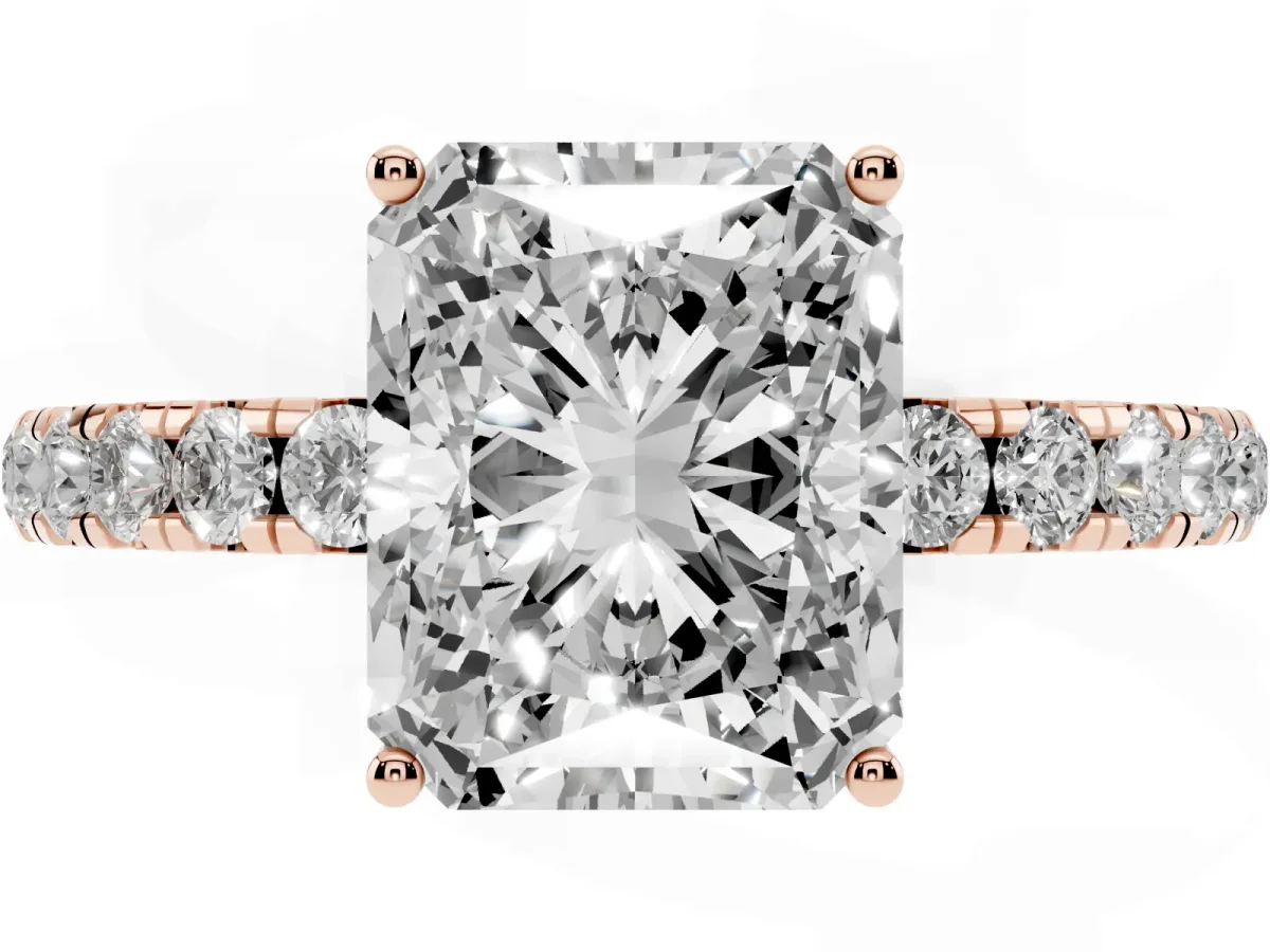Radiant Cut Diamond Pavé Solitaire Engagement Ring with Four-Prong Setting Rose gold