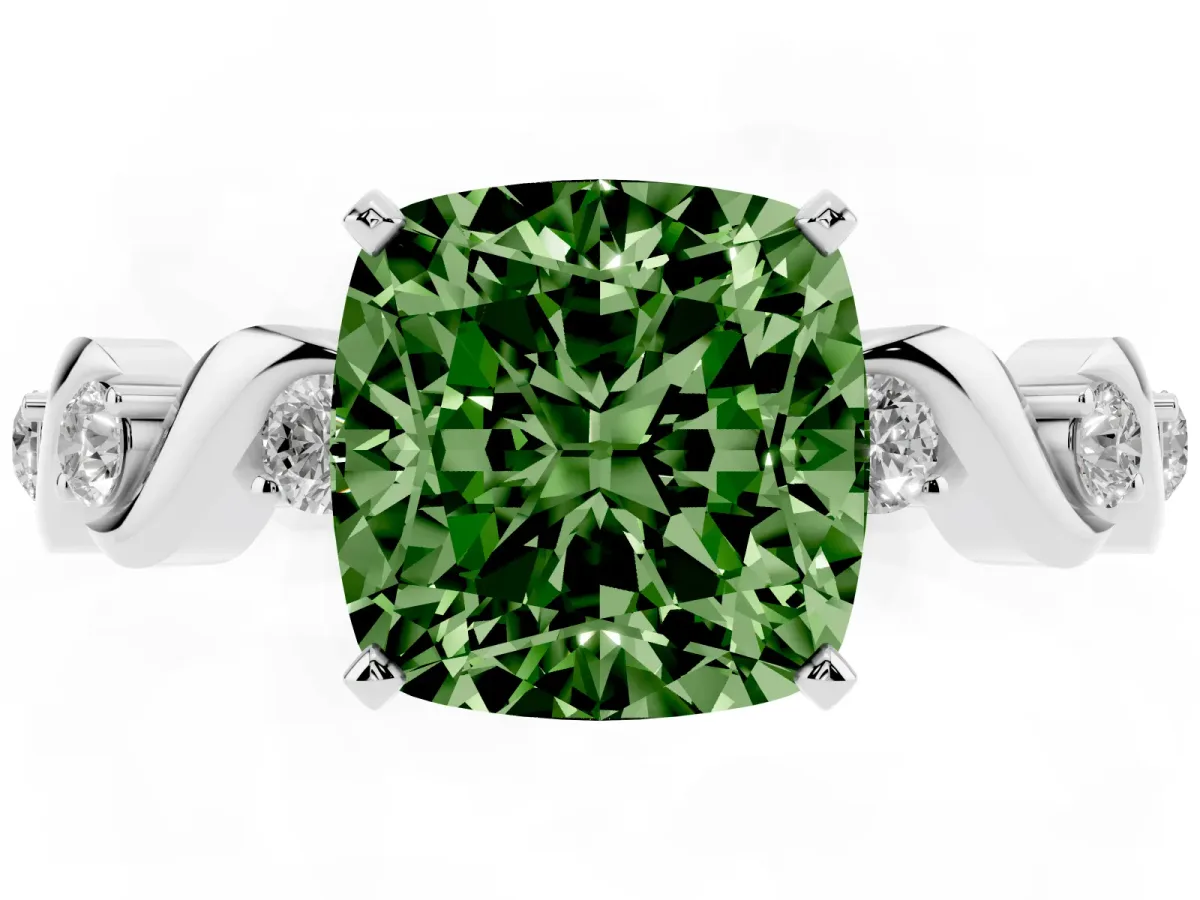 Fancy Green Cushion Cut Diamond Solitaire Twisted Band with Round Accents and Prong Setting Platinum