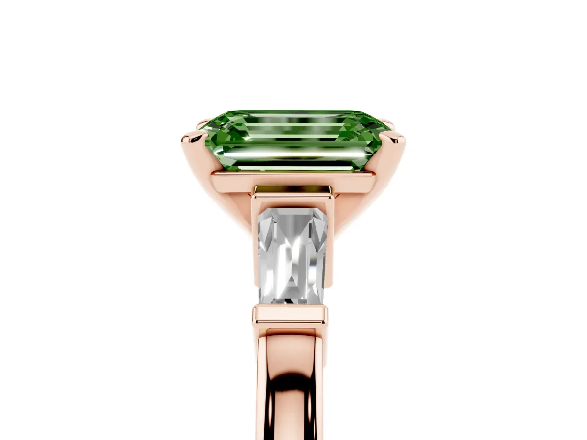 Fancy Green Emerald Cut Cut Diamond Solitaire Ring with Tapered Baguette Accents and Four-Prong Setting Rose gold