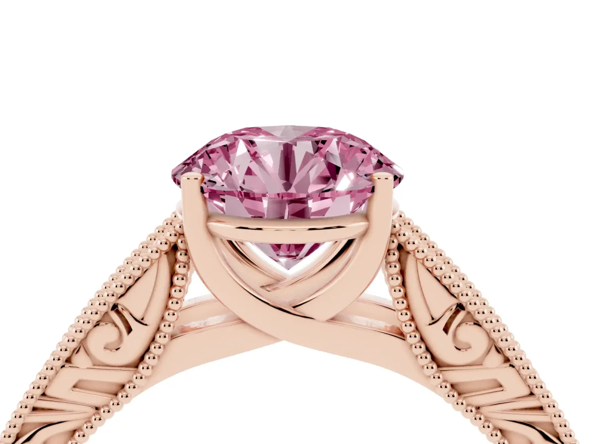 Fancy Pink Round Cut Diamond Solitaire Ring with Engraved Band and Four-Prong Setting Rose gold