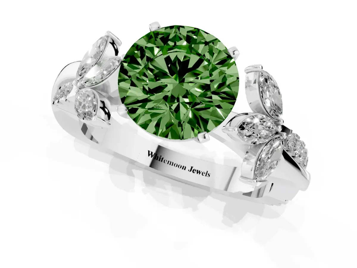 Fancy Green Round Cut Diamond Floral Vine Solitaire Engagement Ring Platinum