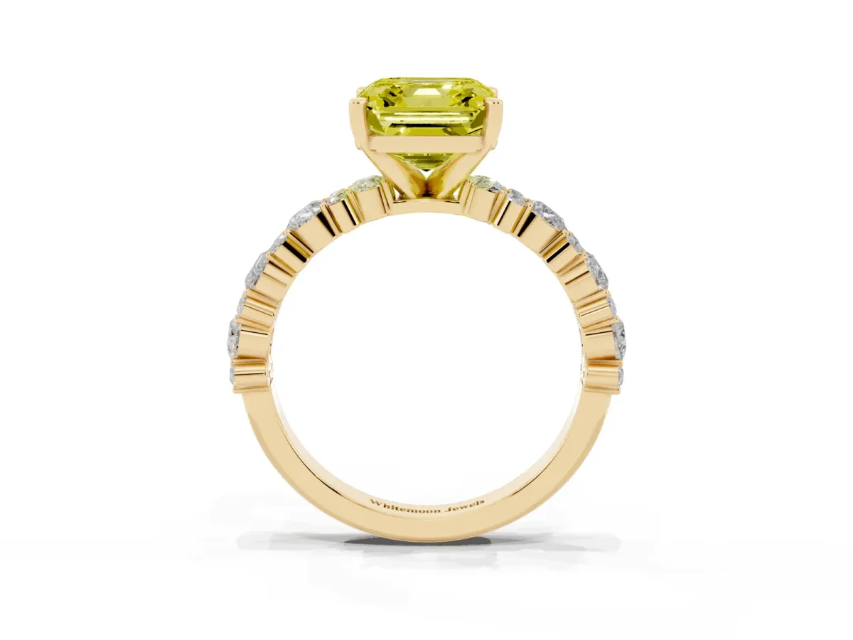 Fancy Yellow Asscher Cut Diamond Side Stone Solitaire Ring with Round and Four-Prong Setting Yellow gold