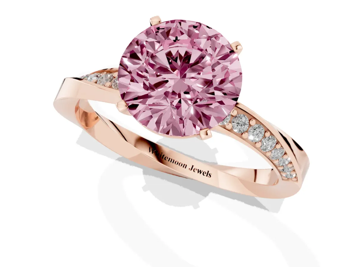 Fancy Pink Round Cut Diamond Engagement Ring with Side Stone Accents and Four-Prong Setting Rose gold