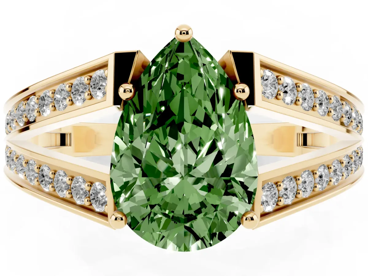 Fancy Green Pear Cut Diamond Split Shank Ring with Pavé Band and Four-Prong Setting Yellow gold