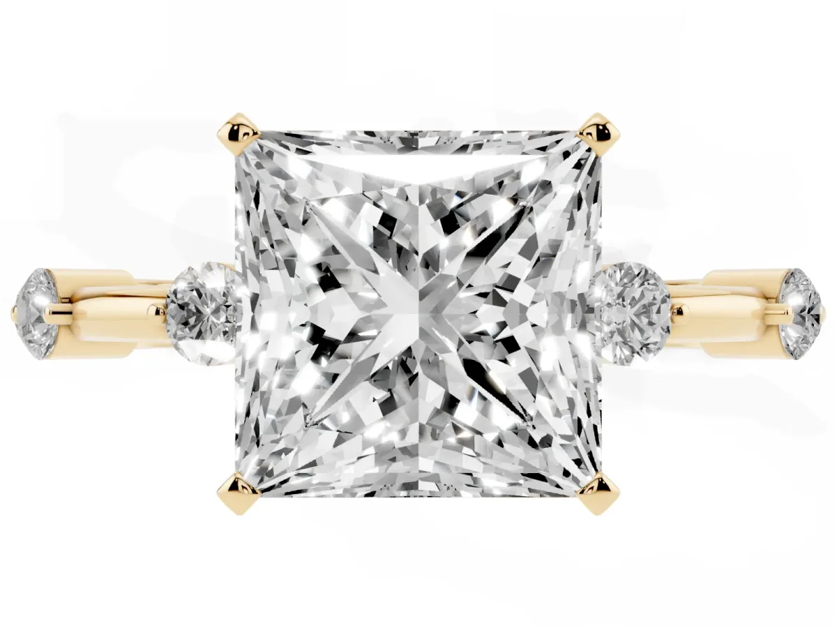 Princess Cut Solitaire Diamond Ring with Bezel Set Side Stones and Prong Setting Yellow gold