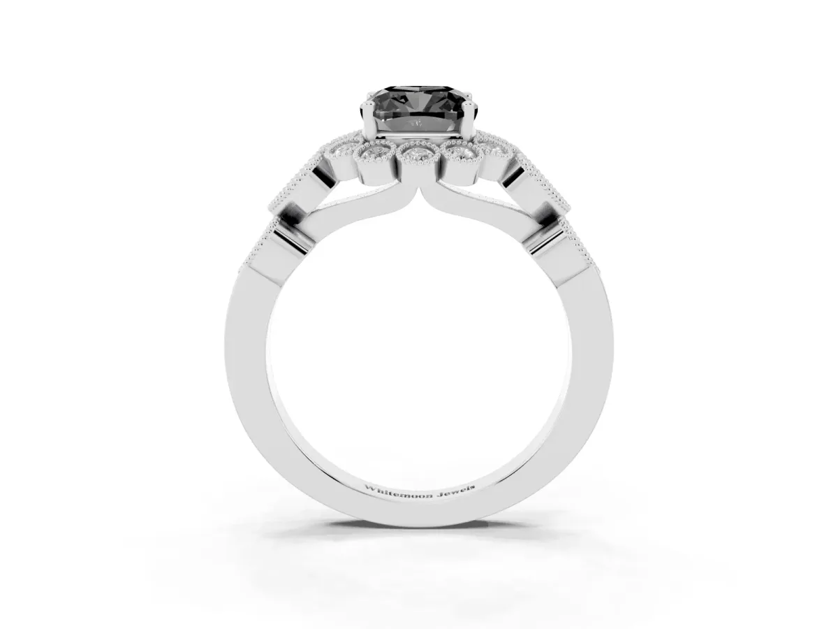 Fancy Black Cushion Cut Brilliant Milgrain Pave Heart Band Solitaire Ring Silver