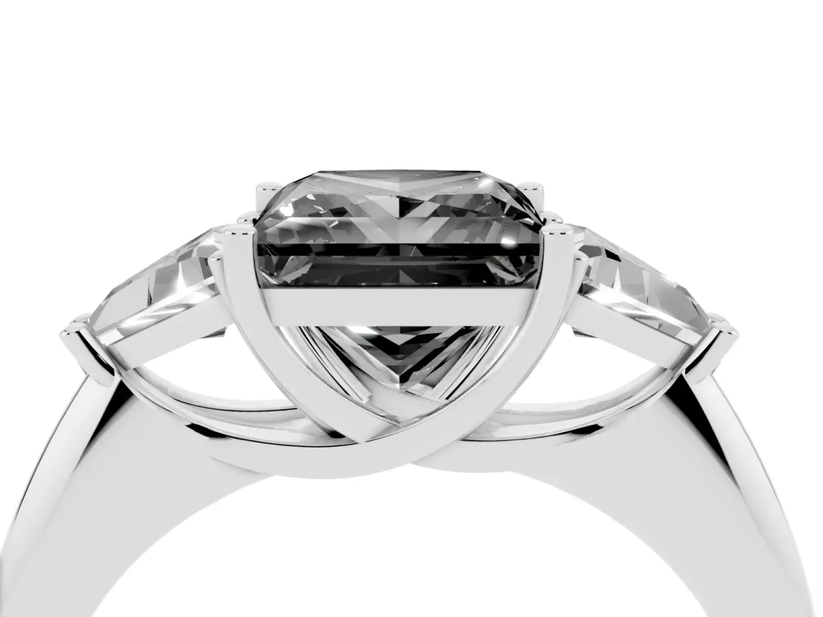 Fancy Black Three-Stone Princess Cut Diamond Engagement Ring with Trillion Side Stones and Prong Setting Silver