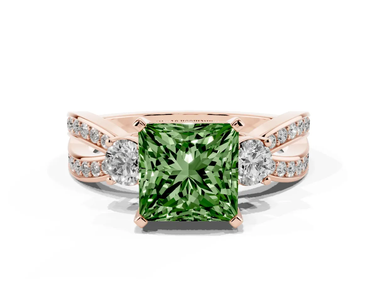 Fancy Green Three-Stone Princess Cut Cut Diamond Twist Band with Prong Setting Rose gold