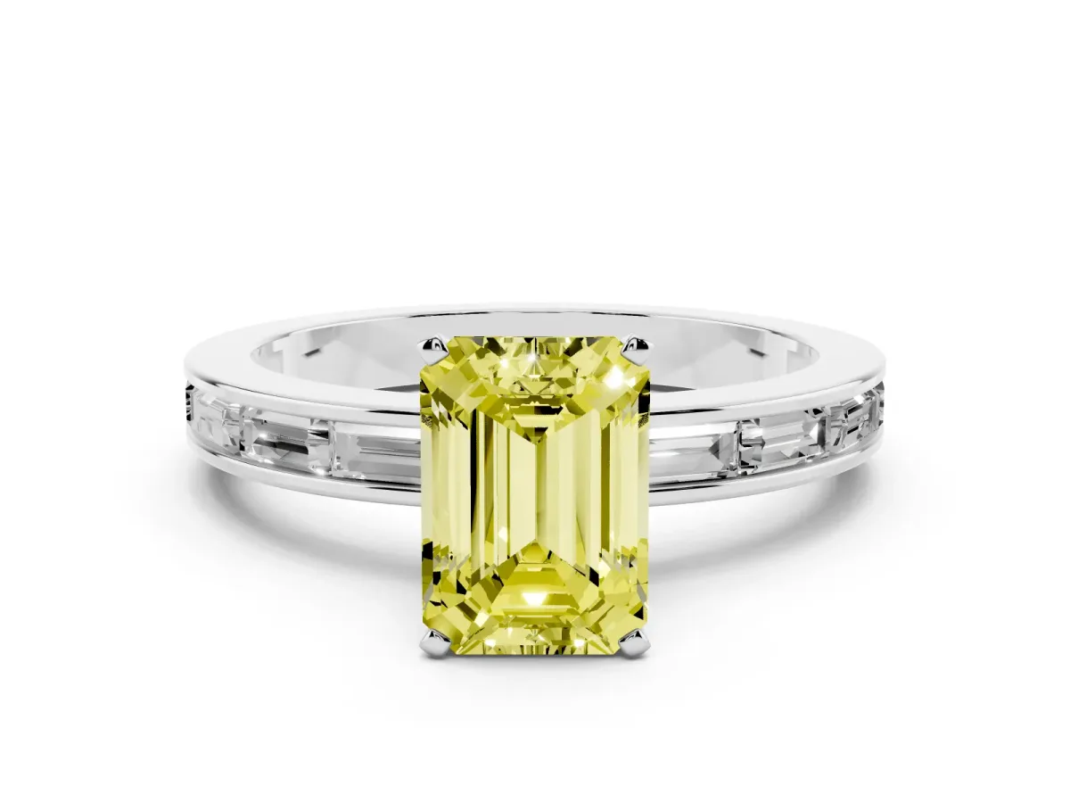 Fancy Yellow Emerald Cut Solitaire Diamond Ring with Channel-Set Baguette Band and Four-Prong Setting White gold