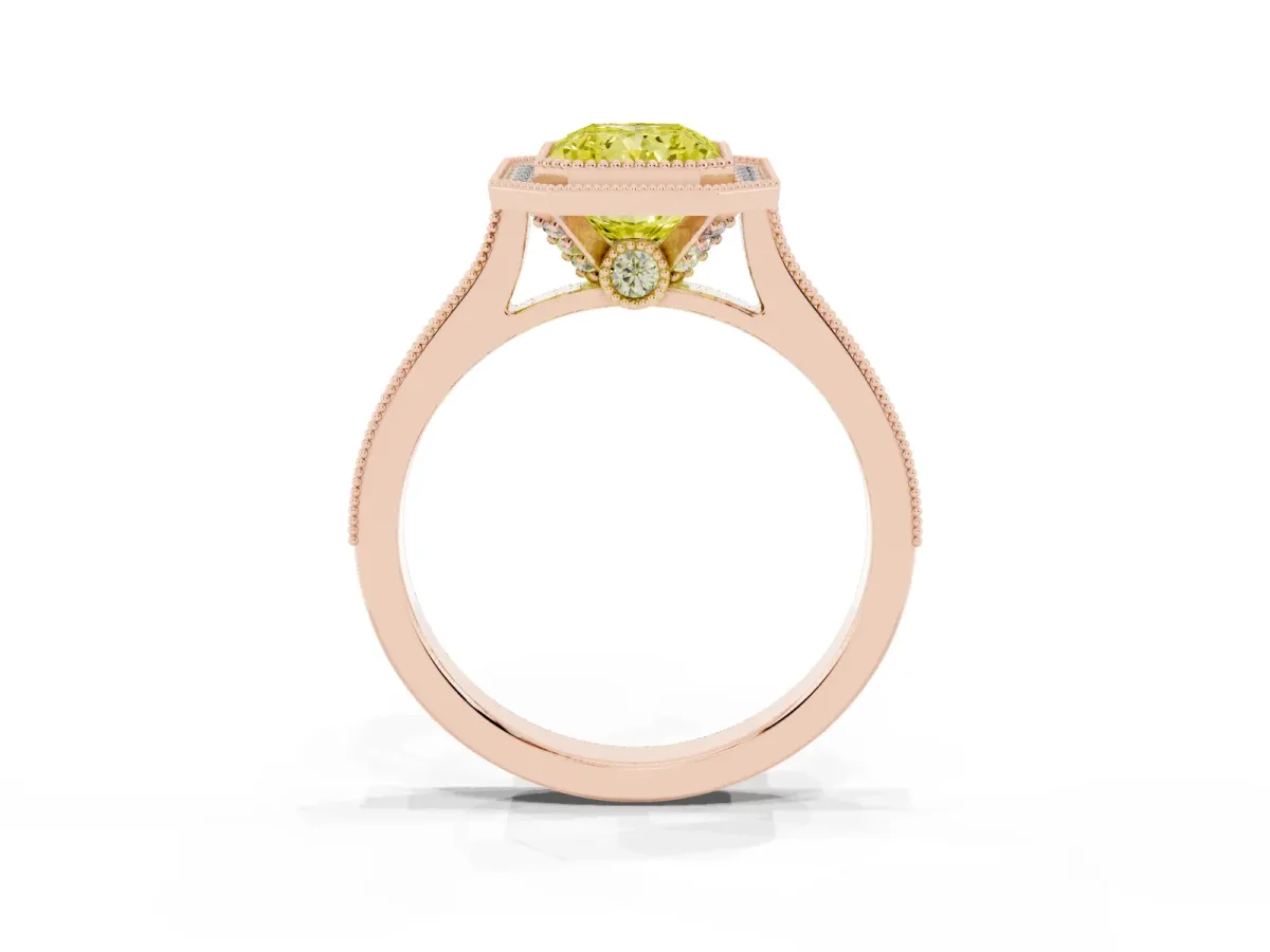 Fancy Yellow Halo Radiant Cut-Cut Diamond Pave Band Milgrain Prong Setting Ring Rose gold