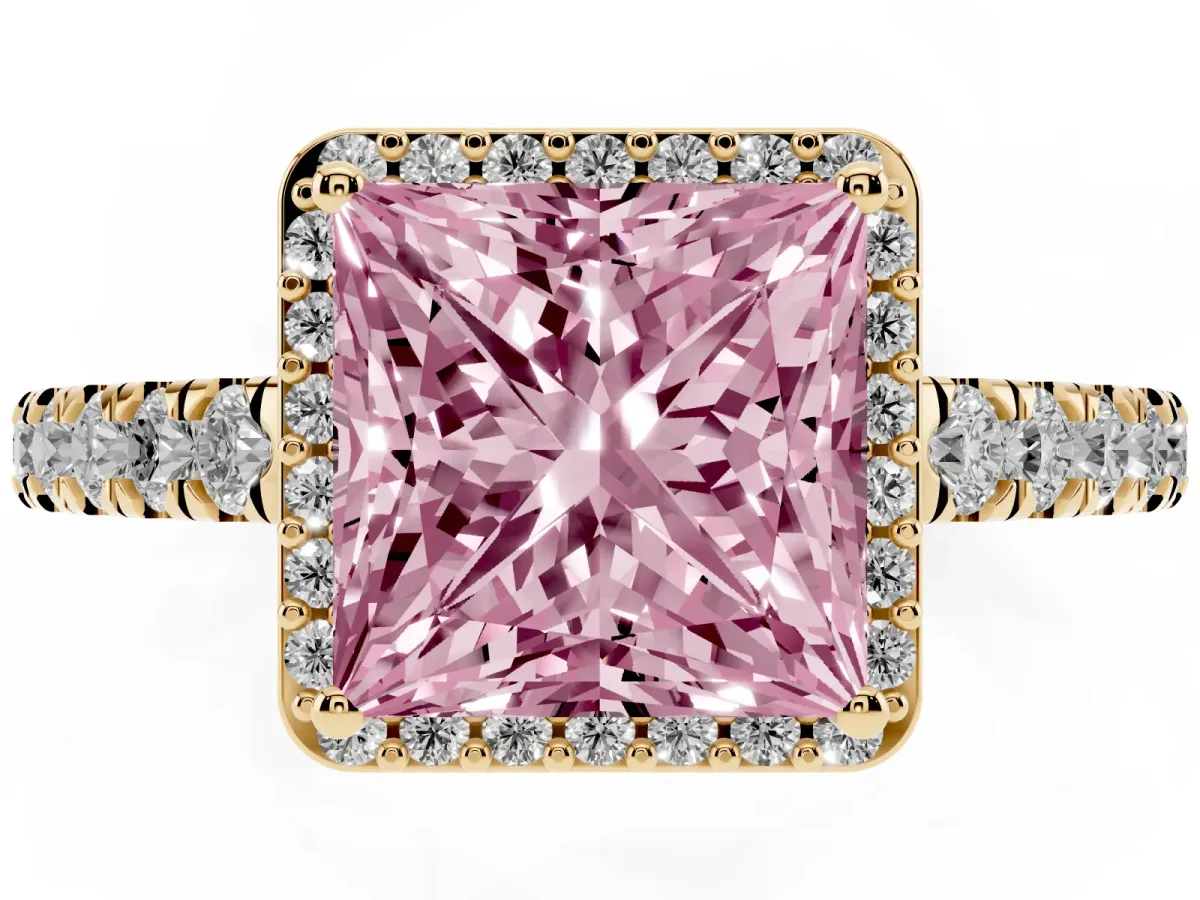 Fancy Pink Princess Cut Cut Halo Diamond Engagement Ring with Pave Band and Four-Prong Setting Yellow gold