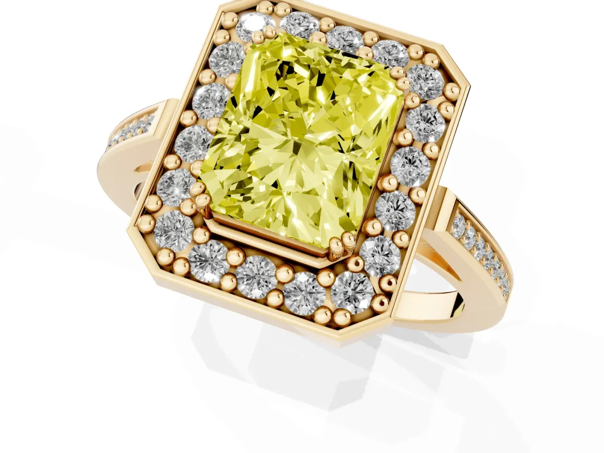 Fancy Yellow Radiant Cut Diamond Halo Ring with Split Shank and Four-Prong Setting Yellow gold