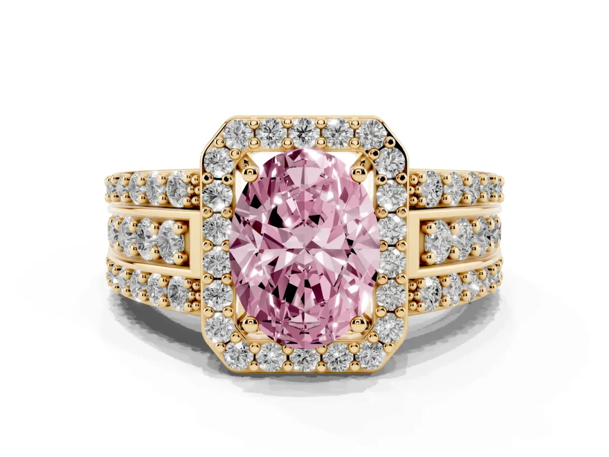 Fancy Pink Oval Cut Halo Diamond Ring with Round Split Shank and Prong Setting Yellow gold