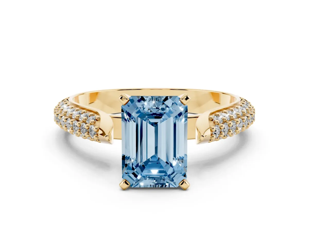 Fancy Blue Emerald Cut Diamond Solitaire Engagement Ring with Multi-Row Round Pavé Band and Prong Setting Yellow gold