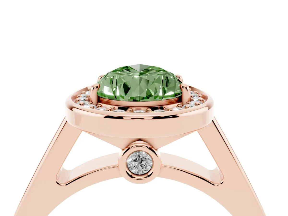 Fancy Green Pear Cut Halo Solitaire Diamond Ring with Pave Band and Bezel Setting Rose gold