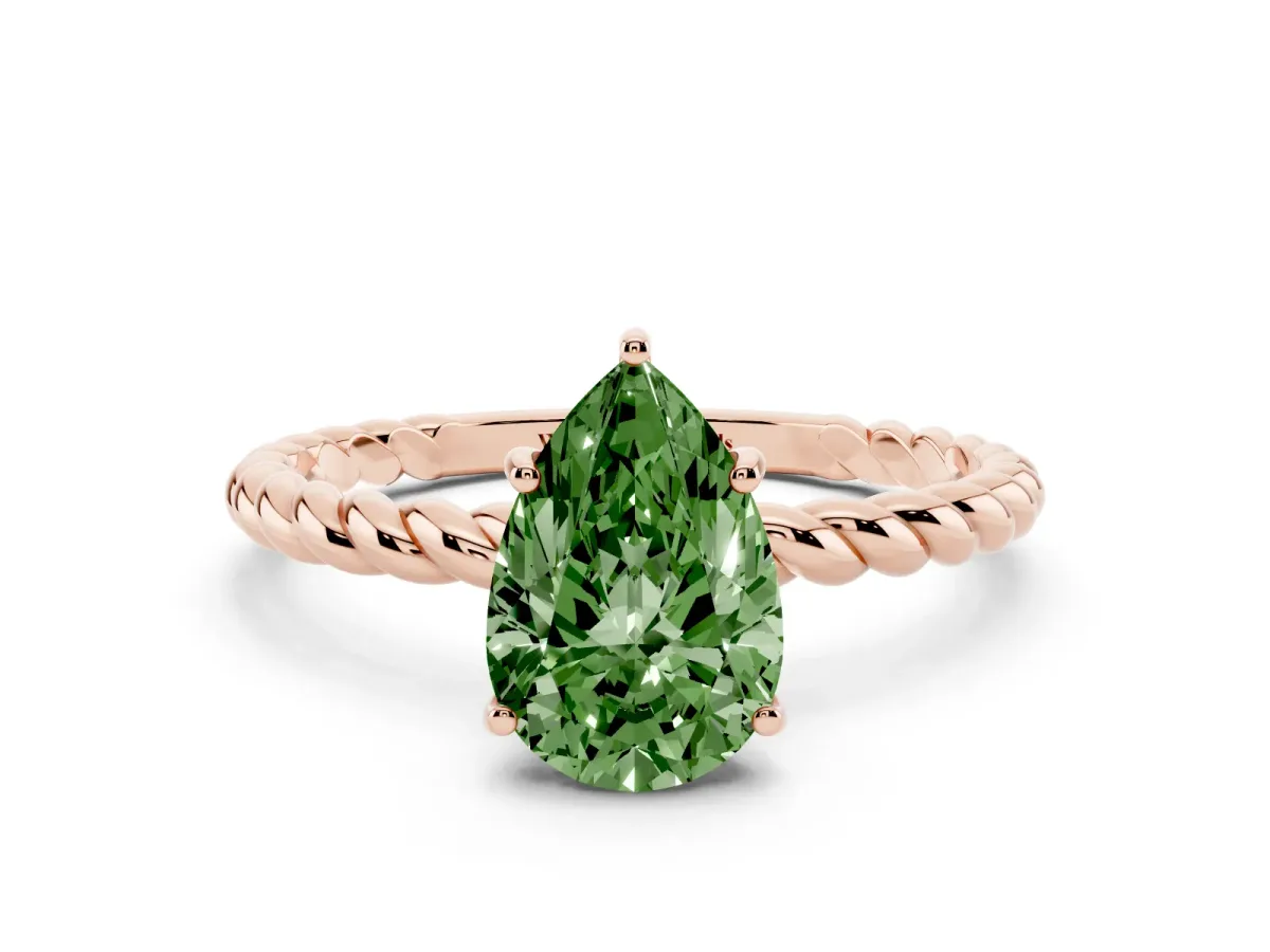 Fancy Green Pear Cut Solitaire Twist Band Ring with Four-Prong Setting Rose gold
