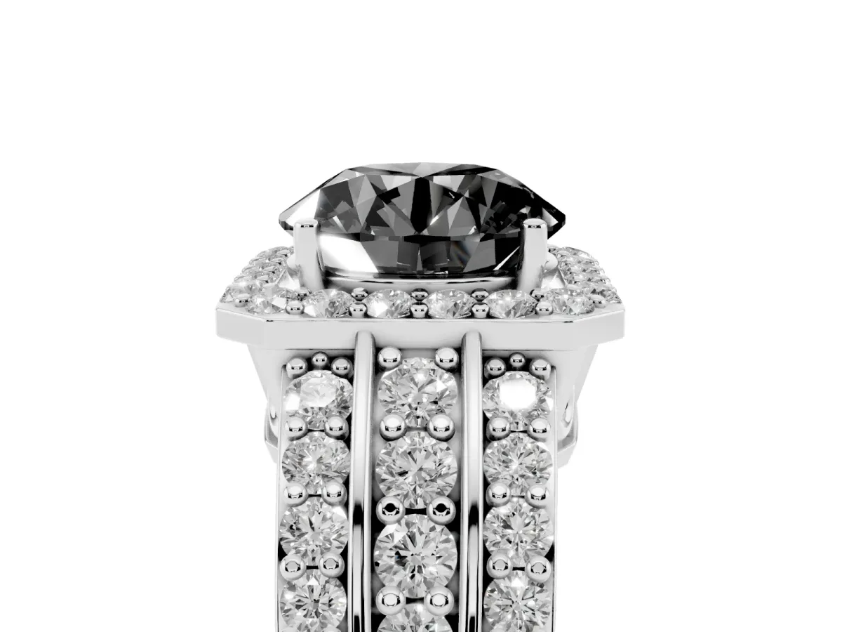 Fancy Black Round Cut Halo Diamond Ring with Round Split Shank and Prong Setting Platinum