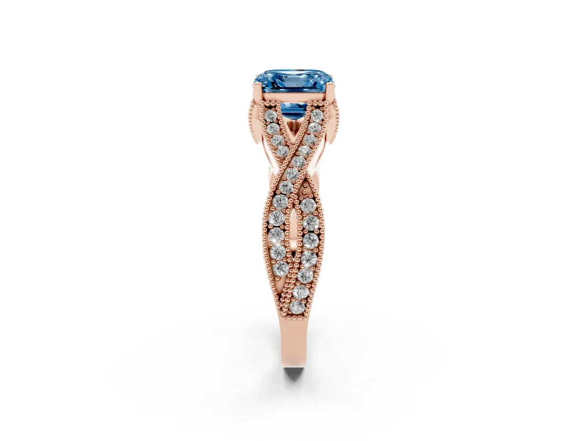 Fancy Blue Asscher Cut Cut Diamond Twisted Band with Milgrain Pave Setting and Four-Prong Setting Rose gold