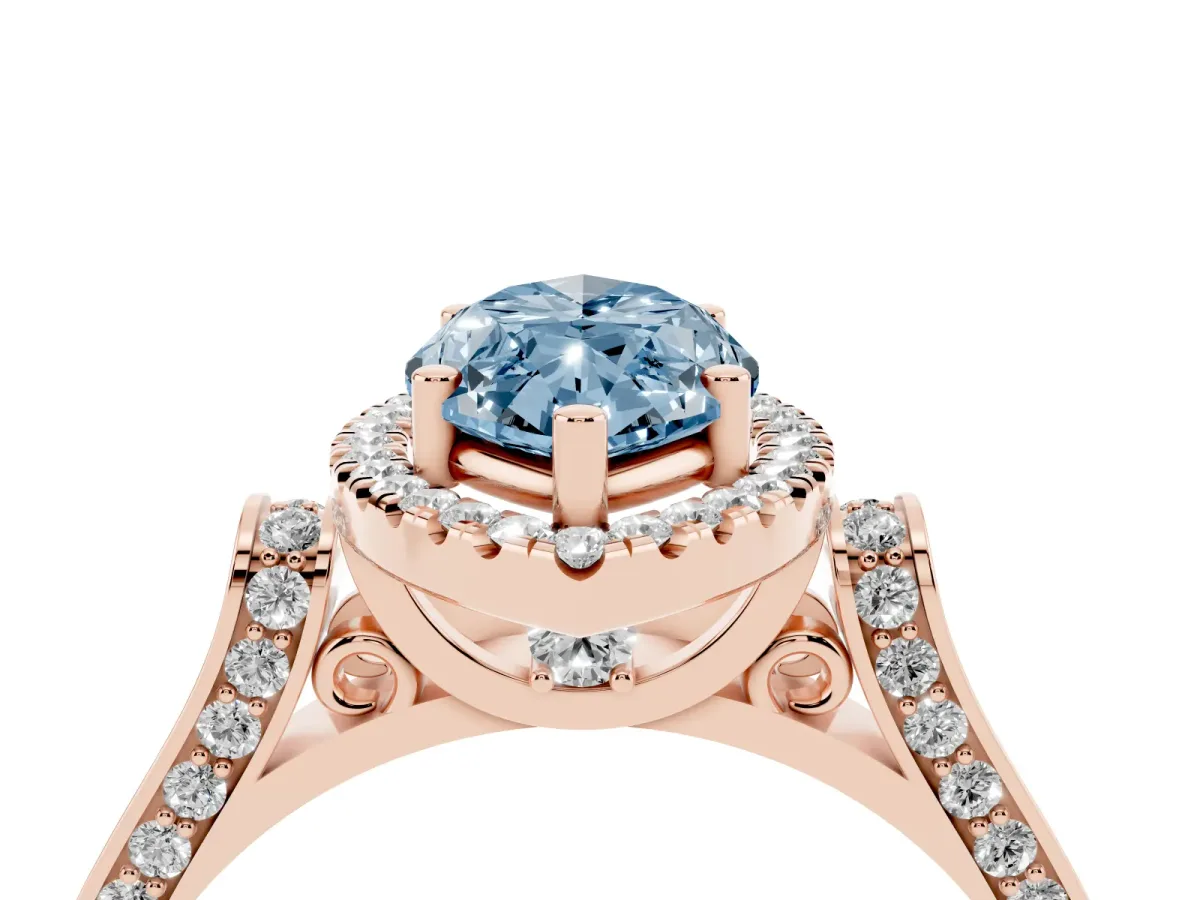 Fancy Blue Marquise Cut Halo Round Diamond Twist Band with Four-Prong Setting Rose gold