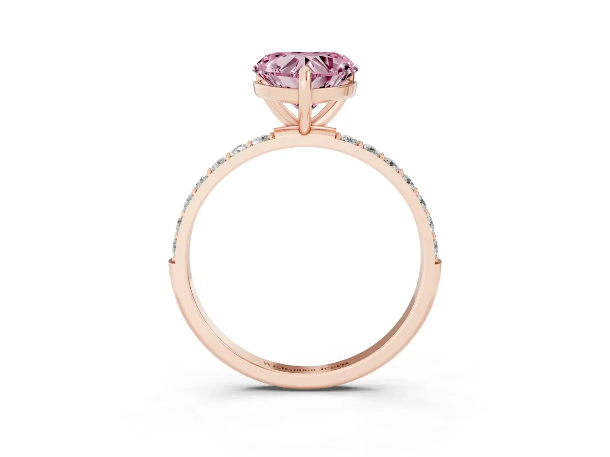 Fancy Pink Heart Cut Diamond Solitaire Ring with Round Pavé Band and Prong Setting Rose gold