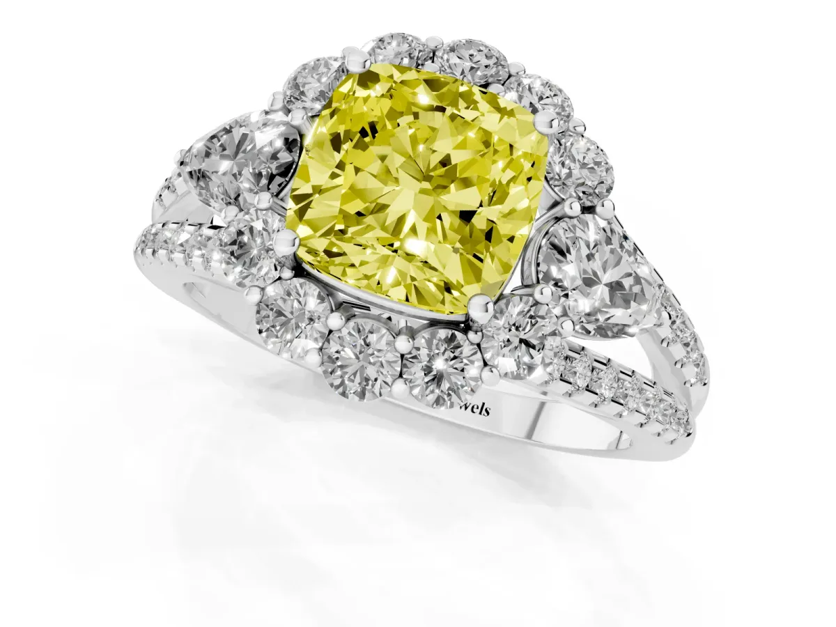 Fancy Yellow Cushion Cut Halo Split Shank Diamond Engagement Ring with Prong Setting Silver