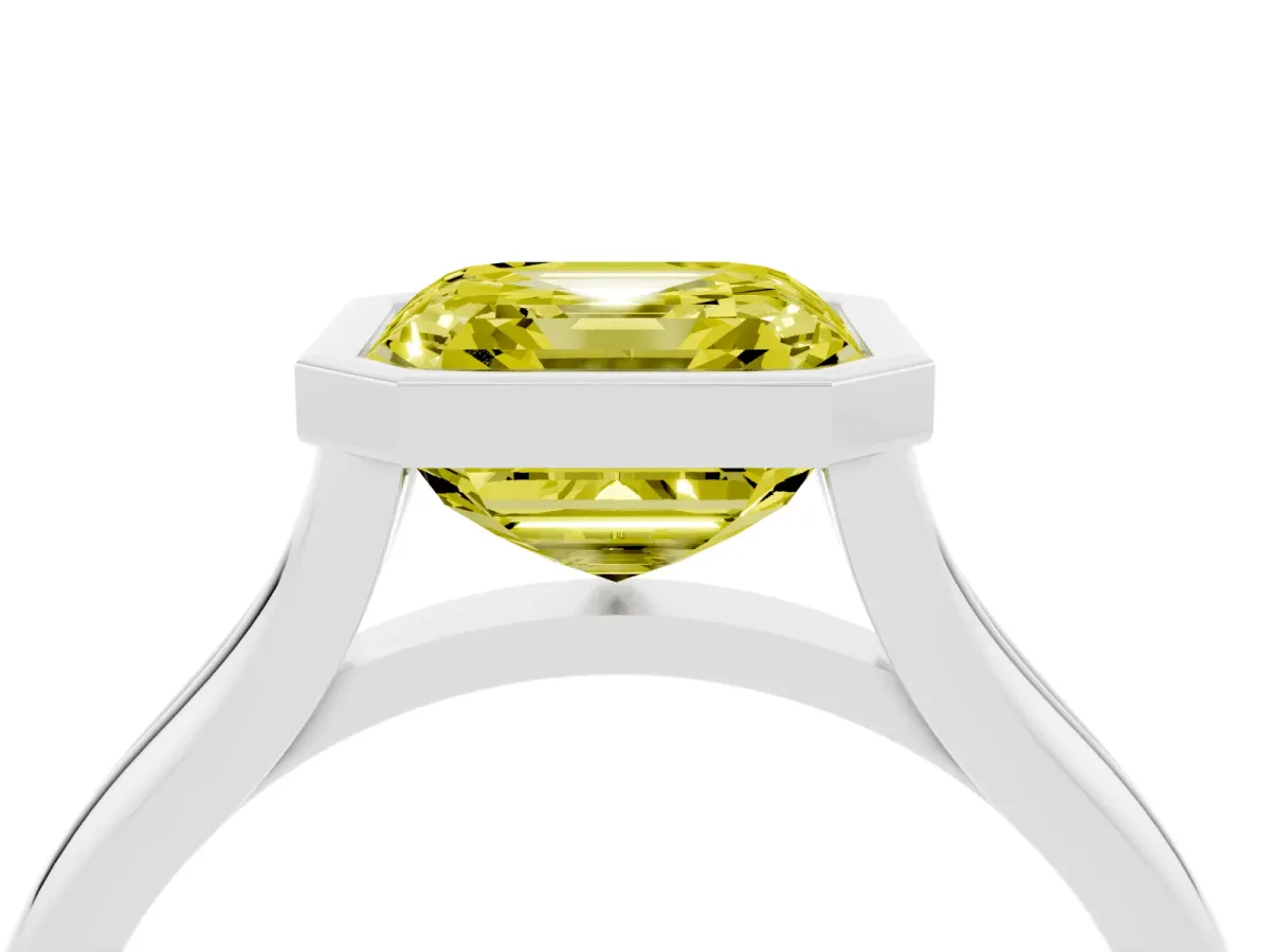 Fancy Yellow Bezel Set Asscher Cut Cut Solitaire Ring with Tapered Band Silver