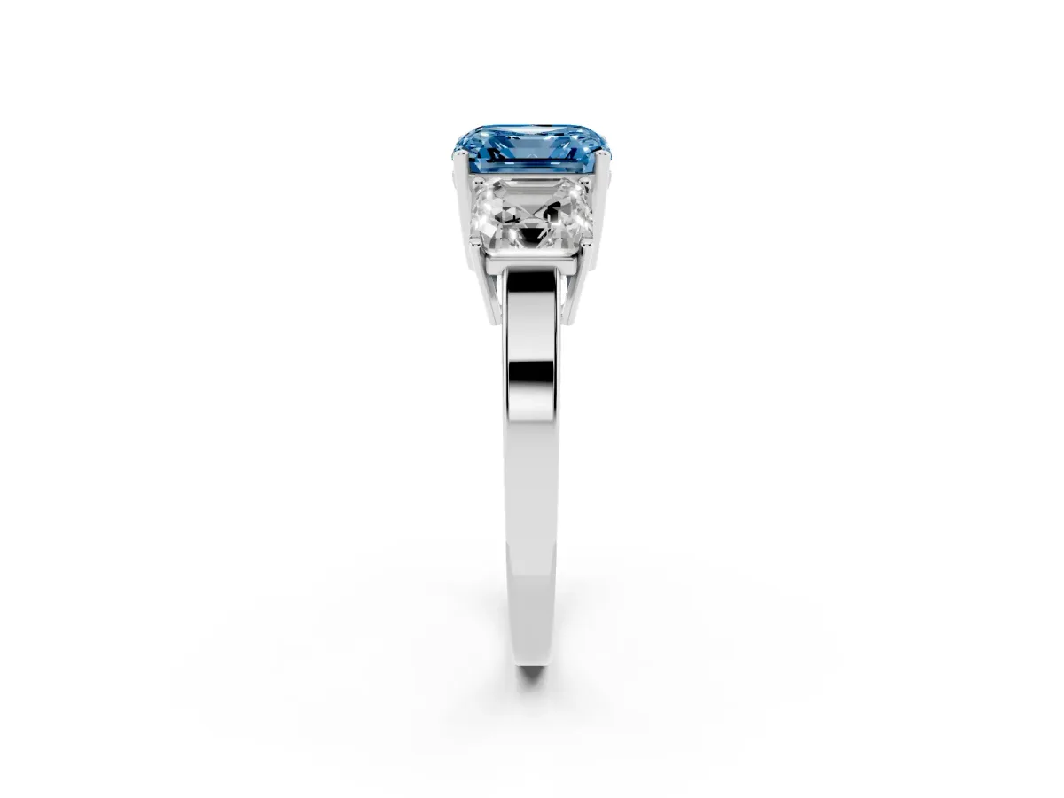 Fancy Blue Three-Stone Asscher Cut Cut Diamond Engagement Ring with Flat Band and Four-Prong Setting Silver