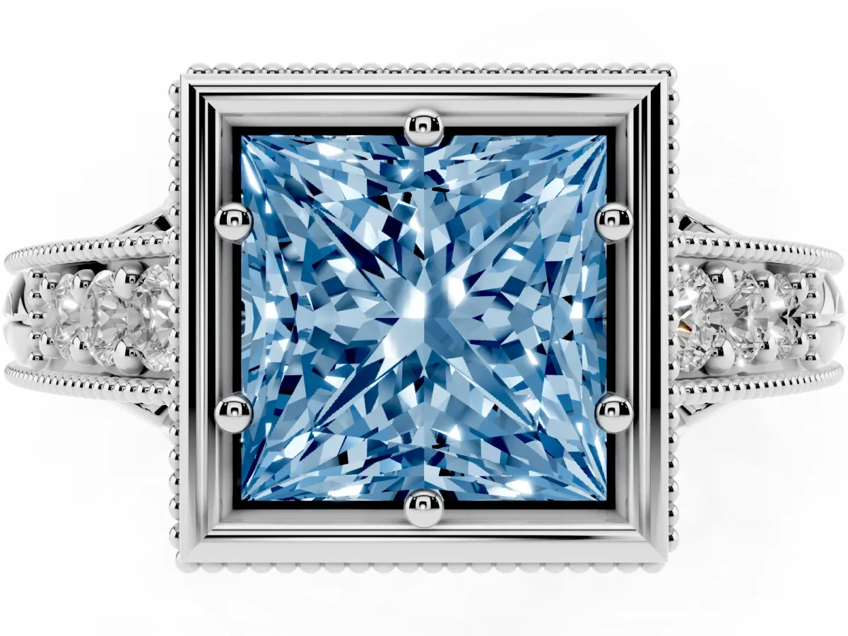 Fancy Blue Bezel Set Princess Cut Diamond Milgrain Pave Engagement Ring Silver