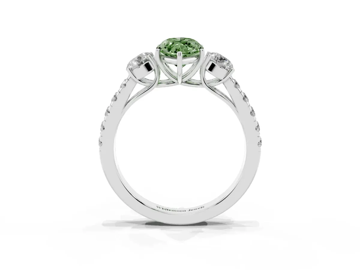 Fancy Green Marquise Cut Cut Diamond Three-Stone Ring with Round Side Stones and Pavé Band Silver