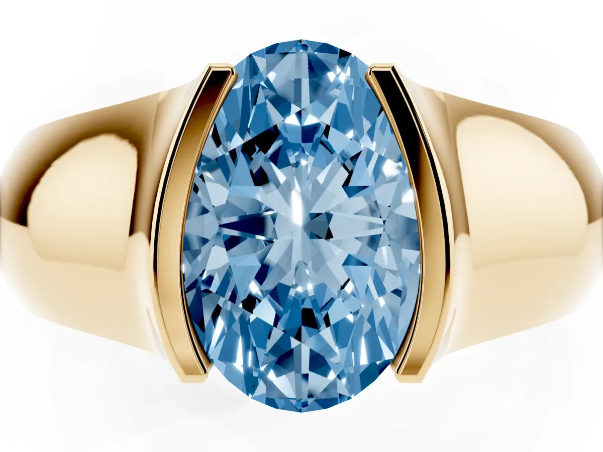 Fancy Blue Oval Cut Solitaire Bezel Set Diamond Ring with Wide Band Yellow gold