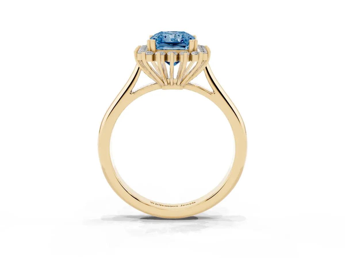 Fancy Blue Radiant Cut Cut Diamond Halo Ring with Solitaire Band and Prong Setting Yellow gold