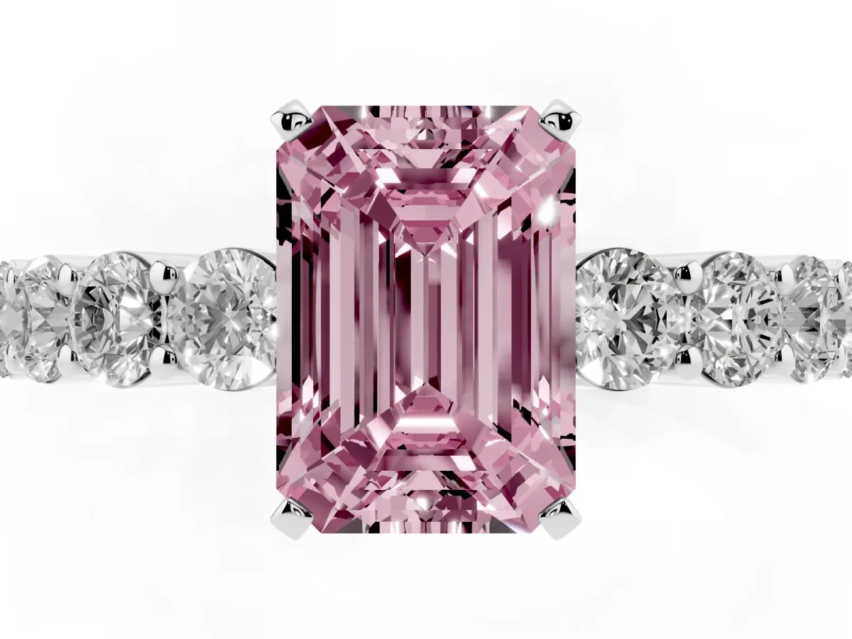 Fancy Pink Emerald Cut Diamond Solitaire Ring with Shared Prong Round Side Stones Silver