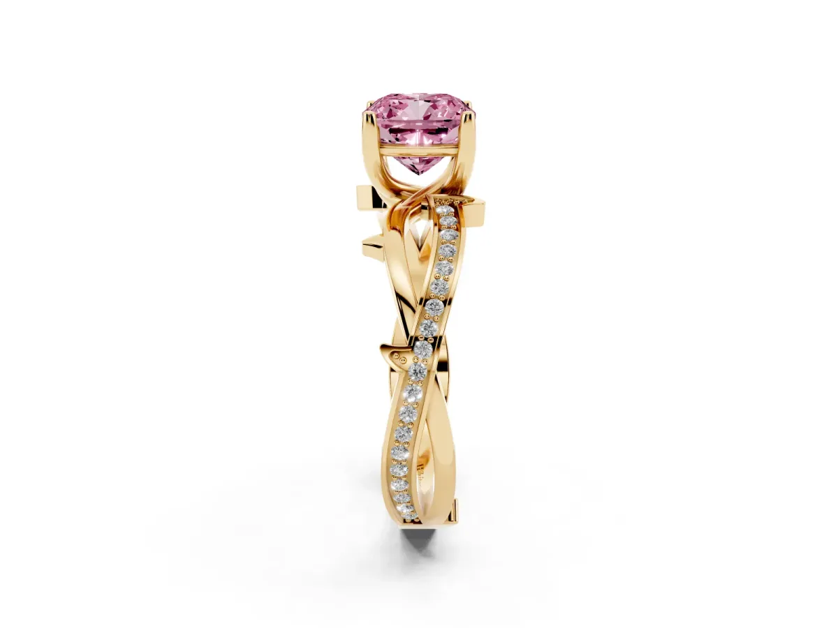 Fancy Pink Cushion Cut Solitaire Twist Band with Pavé Accents and Four-Prong Setting Yellow gold