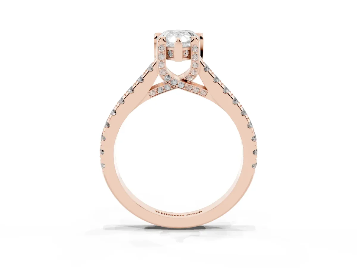 Pear Cut Brilliant Diamond Solitaire with Pavé Band and Four-Prong Setting Rose gold