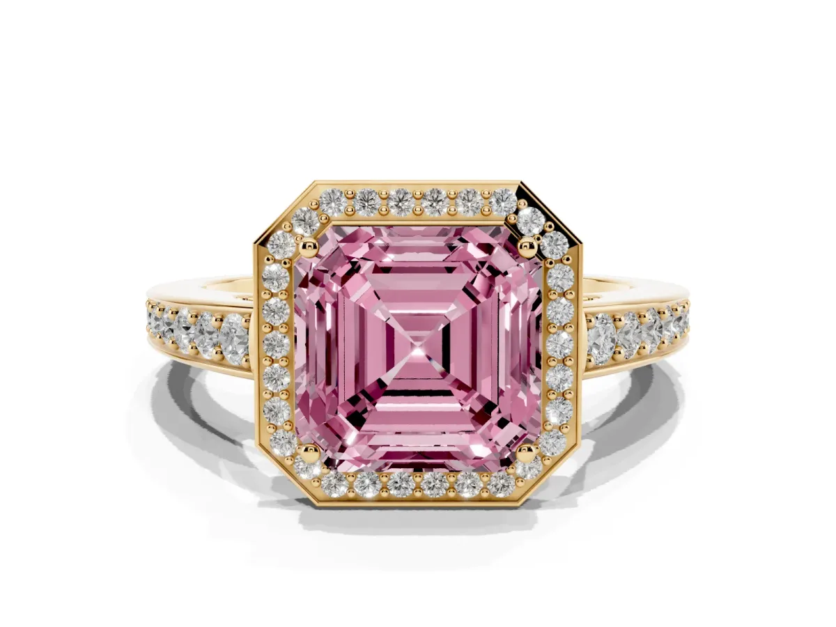 Fancy Pink Asscher Cut Halo Pavé Diamond Engagement Ring with Bezel Setting Yellow gold