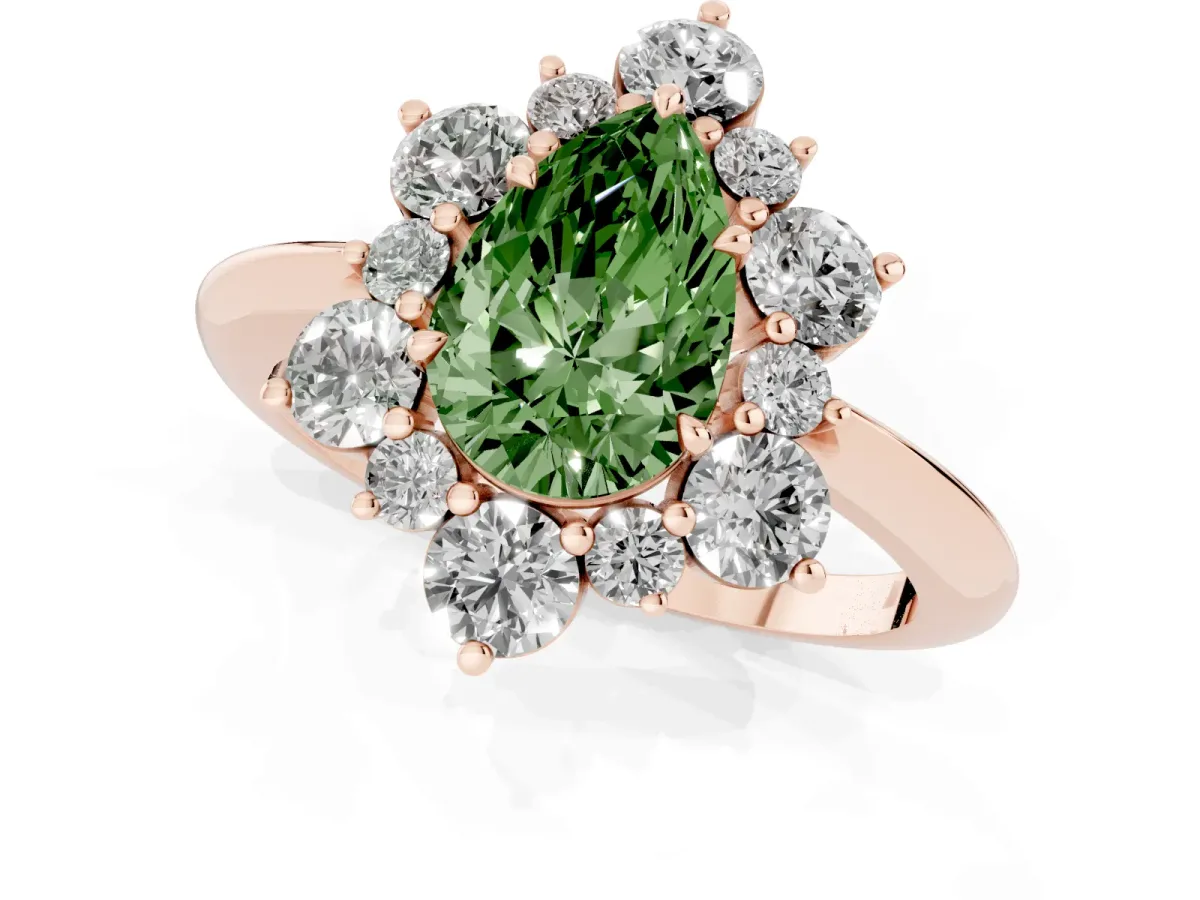 Fancy Green Pear Cut Diamond Cluster Halo Ring with Solitaire Band and Four-Prong Setting Rose gold