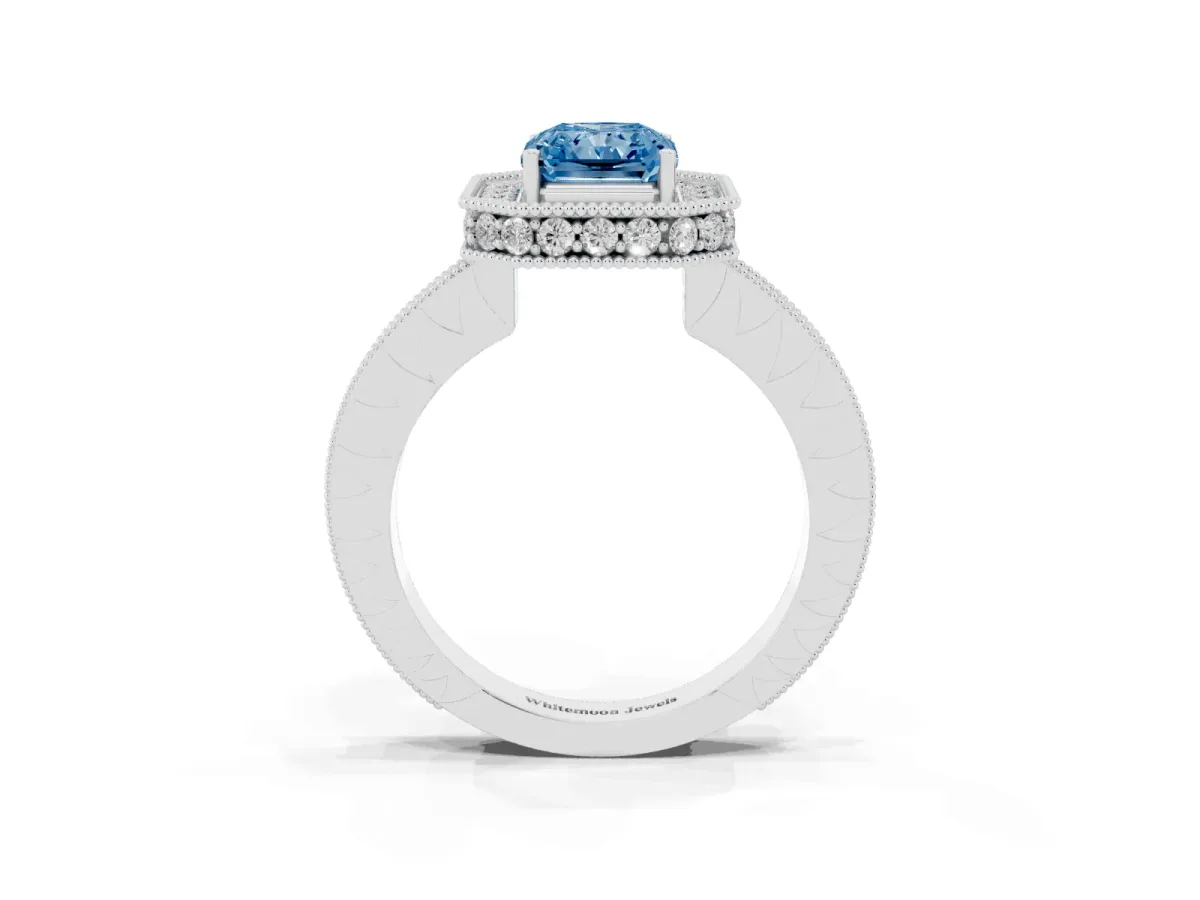 Fancy Blue Radiant Cut Diamond Milgrain Halo Engagement Ring with Round Pavé Band and Prong Setting Platinum