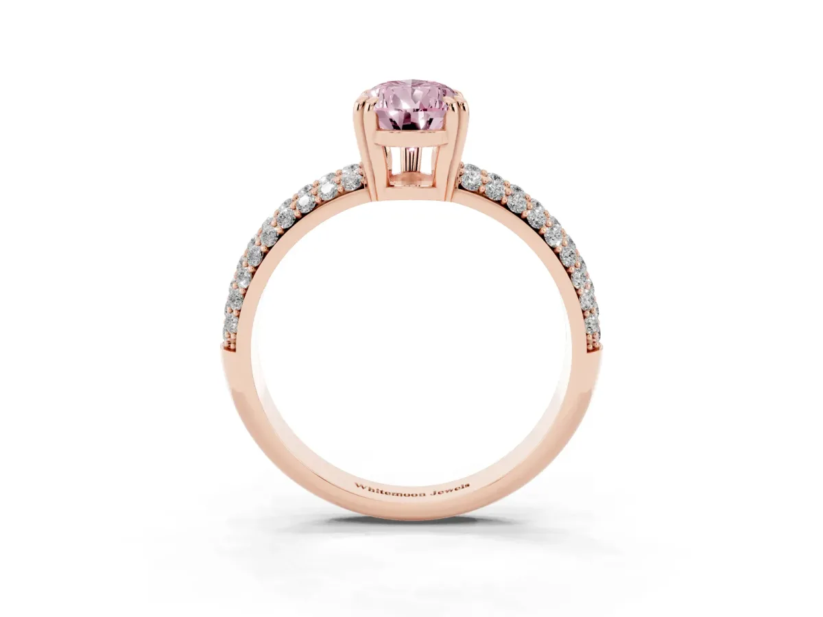 Fancy Pink Pear Cut Diamond Solitaire Ring with Multi-Row Round Pavé Band and Prong Setting Rose gold