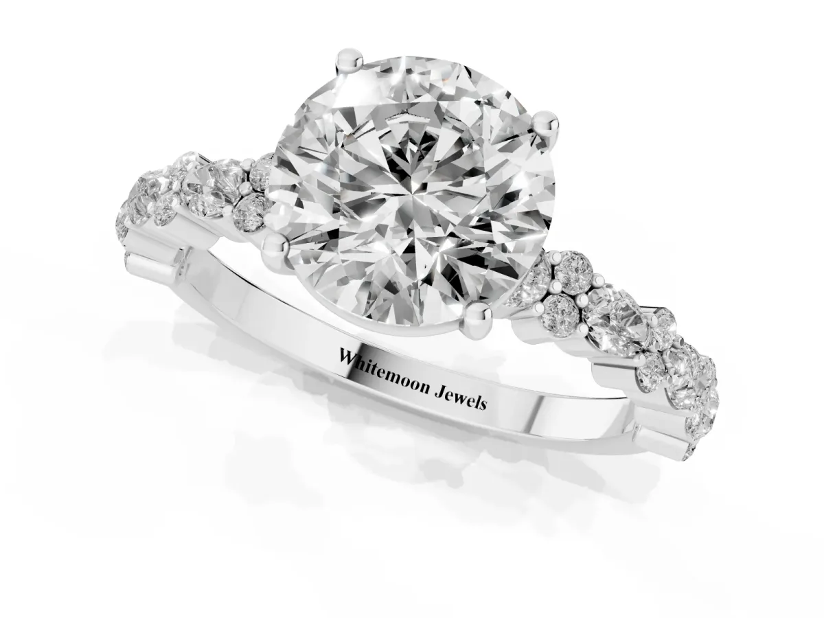 Round Cut Diamond Side Stone Solitaire Ring with Round and Four-Prong Setting Silver