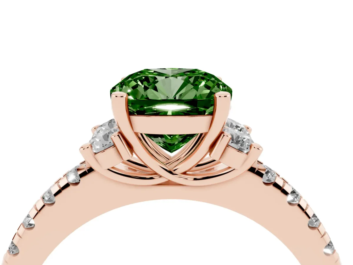 Fancy Green Cushion Cut Diamond Three-Stone Pave Band with Four-Prong Setting Rose gold