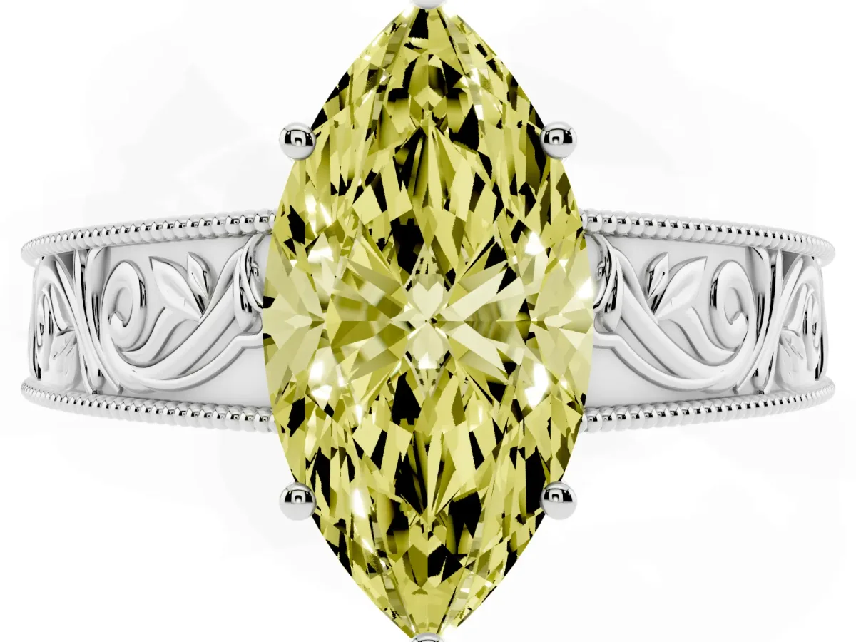Fancy Yellow Marquise Cut Diamond Solitaire Ring with Engraved Band and Four-Prong Setting Silver