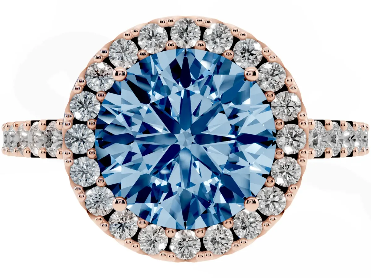 Fancy Blue Round Cut Halo Diamond Pavé Solitaire Ring Rose gold