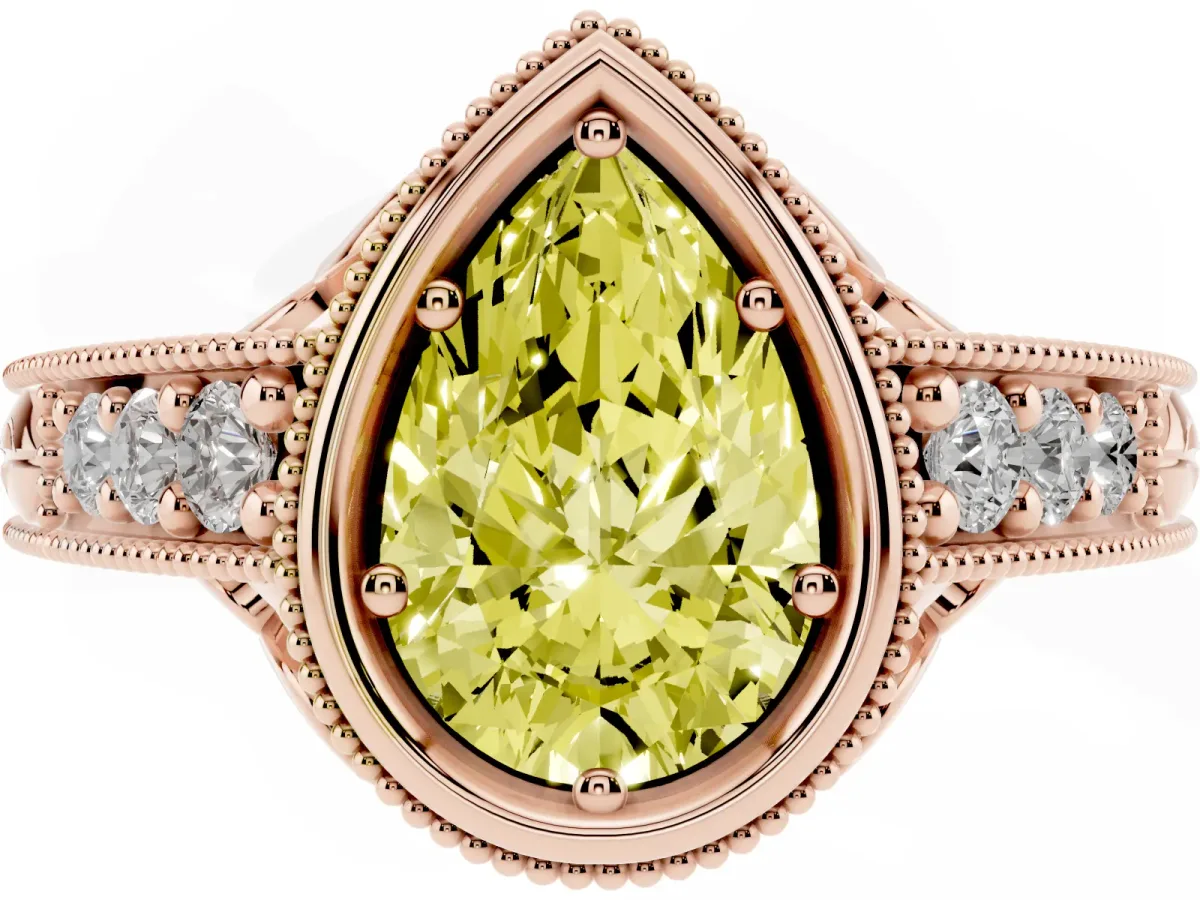 Fancy Yellow Bezel Set Pear Cut Diamond Milgrain Pave Engagement Ring Rose gold