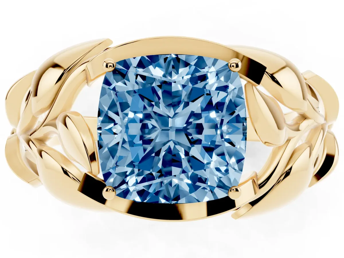 Fancy Blue Cushion Cut Diamond Leaf-Inspired Engagement Ring with Round Accents and Prong Setting Yellow gold