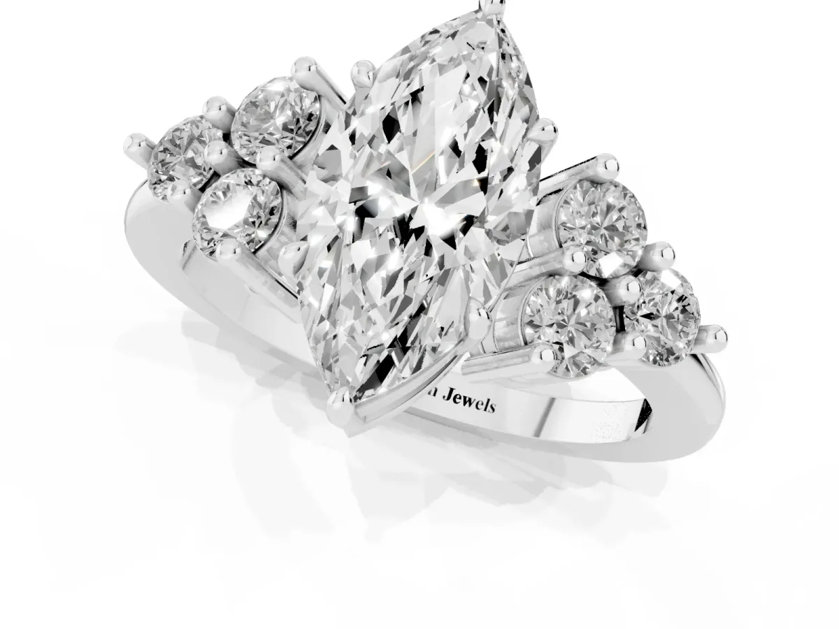 Marquise Cut Brilliant Diamond Cluster Accent Solitaire Ring with Prong Setting Silver