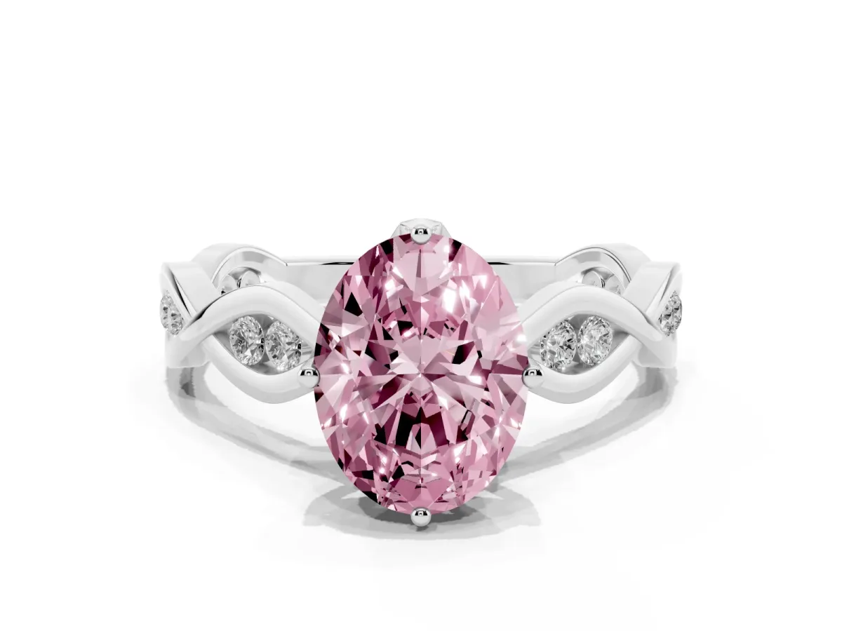 Fancy Pink Oval Cut Solitaire Twist Band with Leaf Prong Setting Silver