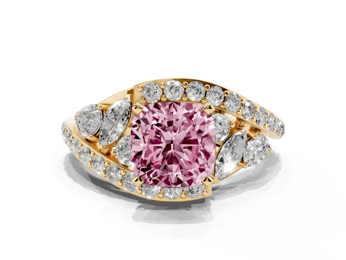 Fancy Pink Cushion Cut Diamond Halo Ring with Marquise and Pavé Band in Prong Setting Yellow gold