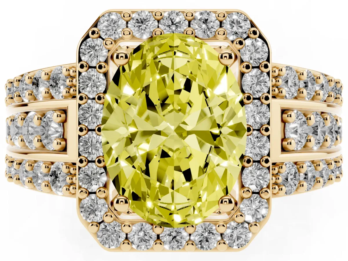 Fancy Yellow Oval Cut Halo Diamond Ring with Round Split Shank and Prong Setting Yellow gold