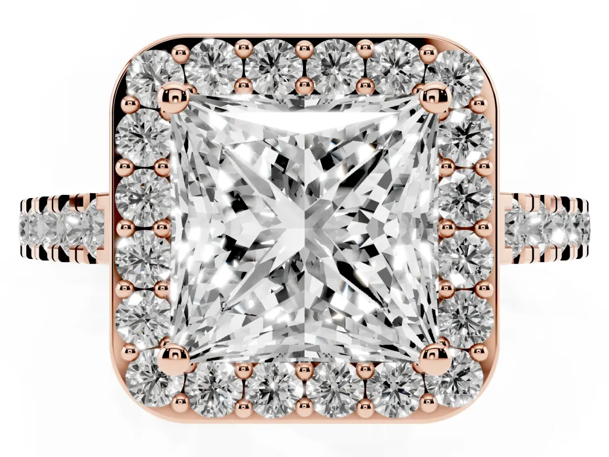 Princess Cut Diamond Halo Ring with Round Pavé Split Shank and Prong Setting Rose gold