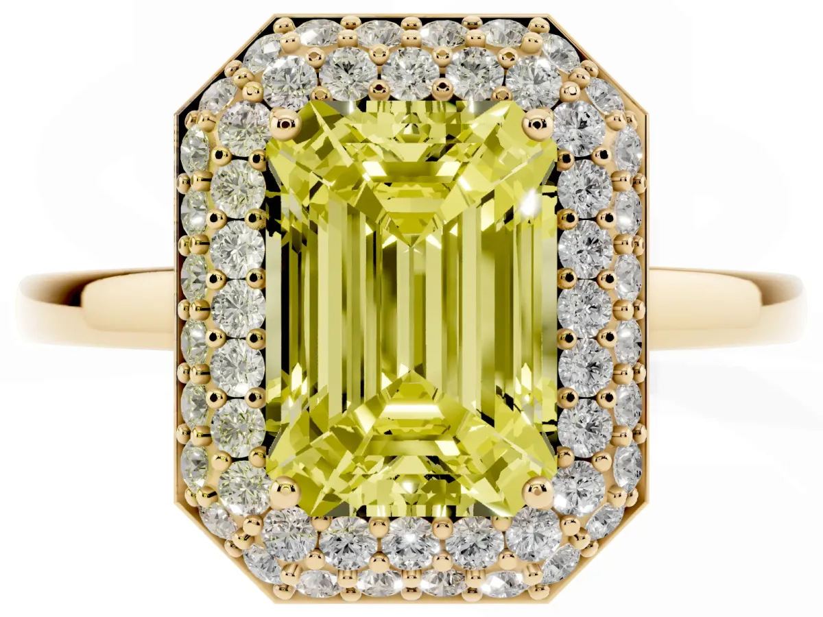 Fancy Yellow Emerald Cut Halo Diamond Engagement Ring with Solitaire Band and Four-Prong Setting Yellow gold